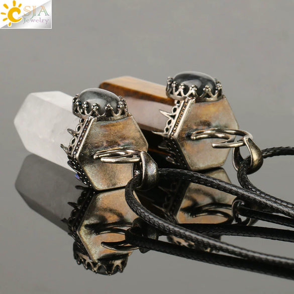 Handmade Natural Crystal Hexagonal Pyramid Pendant Necklace With Moonstone And Amethyst Ball Chain Unisex Jewelry