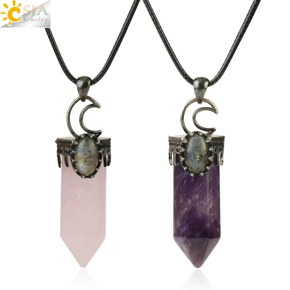 Handmade Natural Crystal Hexagonal Pyramid Pendant Necklace With Moonstone And Amethyst Ball Chain Unisex Jewelry