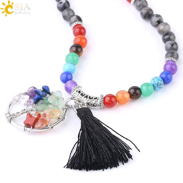 Handmade Natural Crystal Stone Life Tree Gravel Pendant Tassel Unisex Necklace