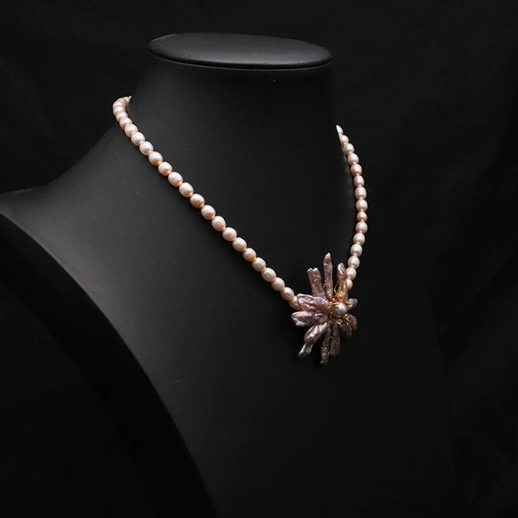 Handmade Natural Freshwater Pearl Baroque Flower Clavicle Necklace Jewelry 18K Gold Accessories