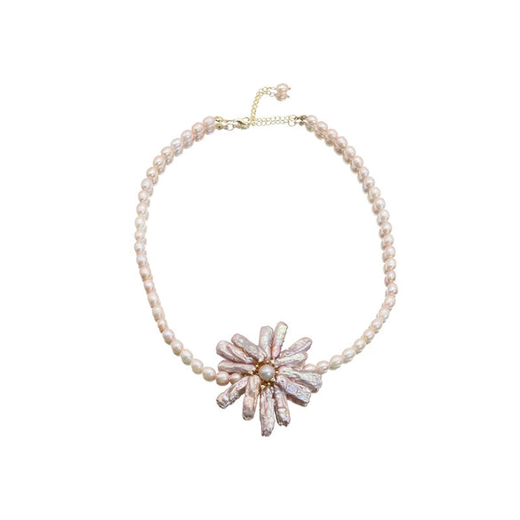 Handmade Natural Freshwater Pearl Baroque Flower Clavicle Necklace Jewelry 18K Gold Accessories
