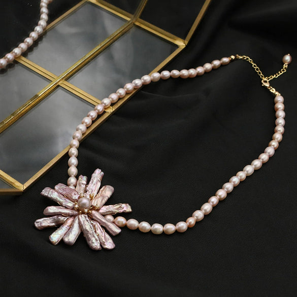 Handmade Natural Freshwater Pearl Baroque Flower Clavicle Necklace Jewelry 18K Gold Accessories