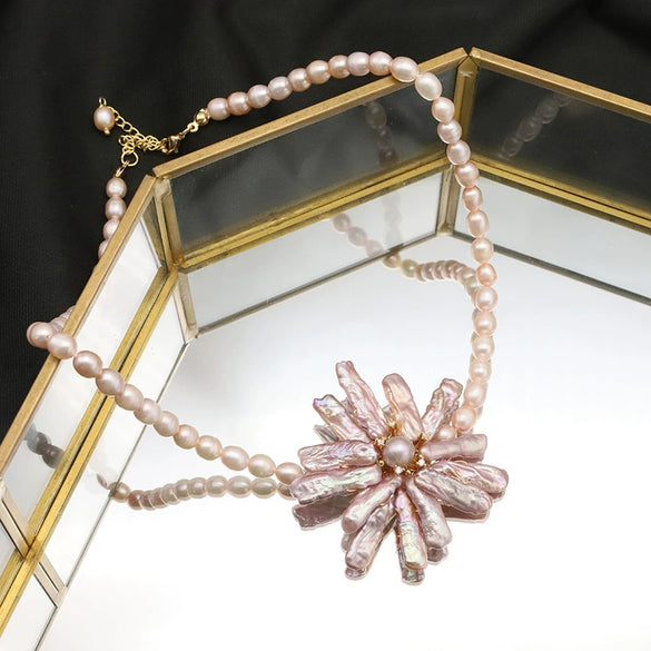 Handmade Natural Freshwater Pearl Baroque Flower Clavicle Necklace Jewelry 18K Gold Accessories