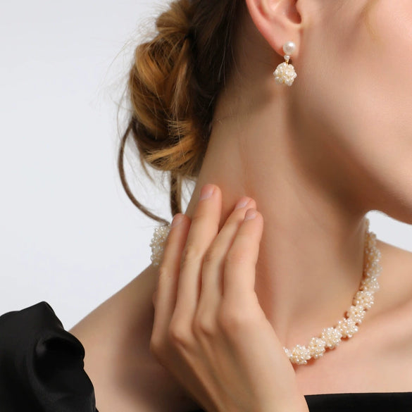 Handmade Natural Freshwater Pearl Flower Ball Jewelry Set