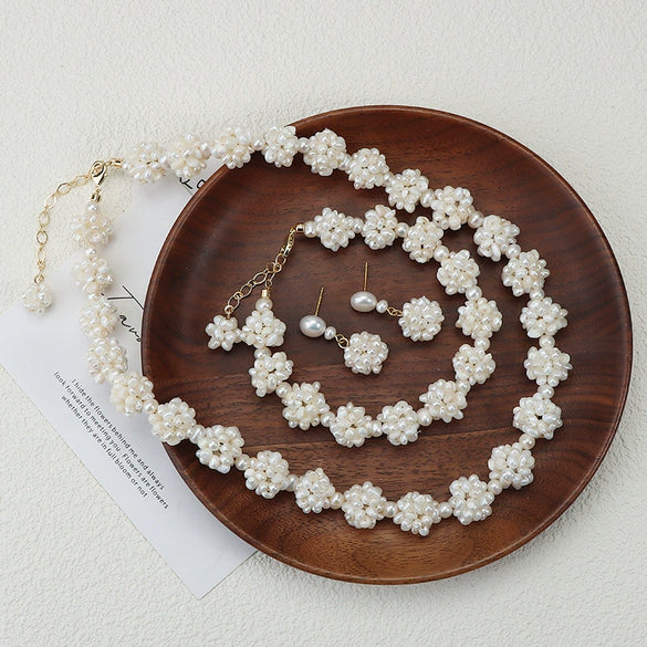 Handmade Natural Freshwater Pearl Flower Ball Jewelry Set