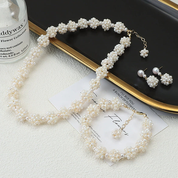 Handmade Natural Freshwater Pearl Flower Ball Jewelry Set