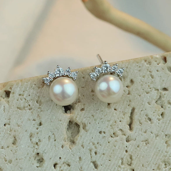 Handmade Natural Freshwater Pearl S925 Sterling Silver Crown Shape Elegant Women's Earrings