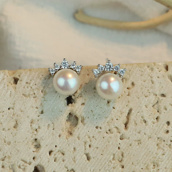 Handmade Natural Freshwater Pearl S925 Sterling Silver Crown Shape Elegant Women's Earrings