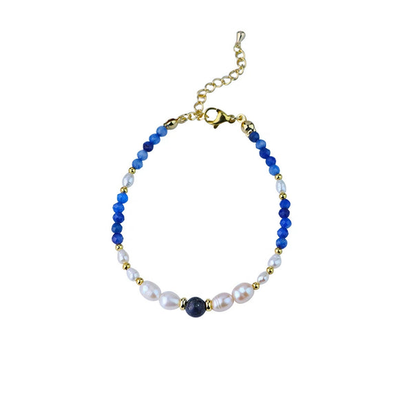 Handmade Natural Pearl And Lapis Lazuli Stone Bracelet With Letters Numbers Text Pattern For Women
