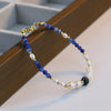 Handmade Natural Pearl And Lapis Lazuli Stone Bracelet With Letters Numbers Text Pattern For Women