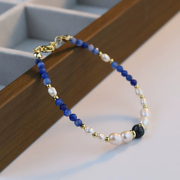Handmade Natural Pearl And Lapis Lazuli Stone Bracelet With Letters Numbers Text Pattern For Women
