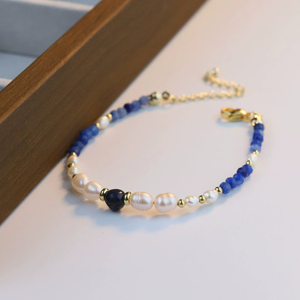 Handmade Natural Pearl And Lapis Lazuli Stone Bracelet With Letters Numbers Text Pattern For Women