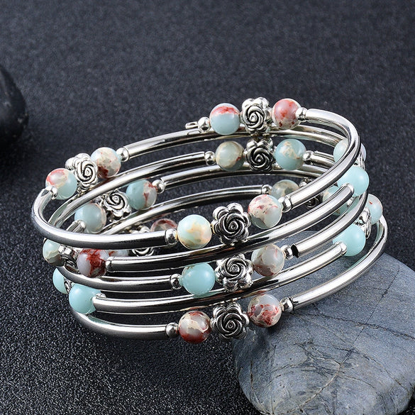 Handmade Natural Stone Beaded Bracelet With Snakeskin Print And Turquoise Accent Multi Layer Multi Loop Geometric Style For Women