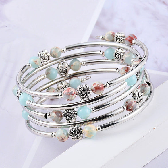Handmade Natural Stone Beaded Bracelet With Snakeskin Print And Turquoise Accent Multi Layer Multi Loop Geometric Style For Women