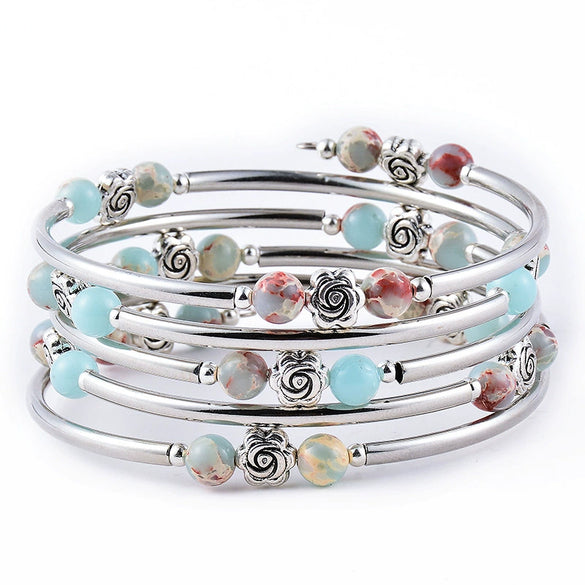 Handmade Natural Stone Beaded Bracelet With Snakeskin Print And Turquoise Accent Multi Layer Multi Loop Geometric Style For Women