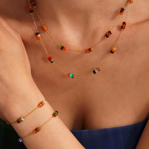 Handmade Natural Stone Beaded Necklace And Bracelet With Stainless Steel Light Luxury Niche Design Electroplated