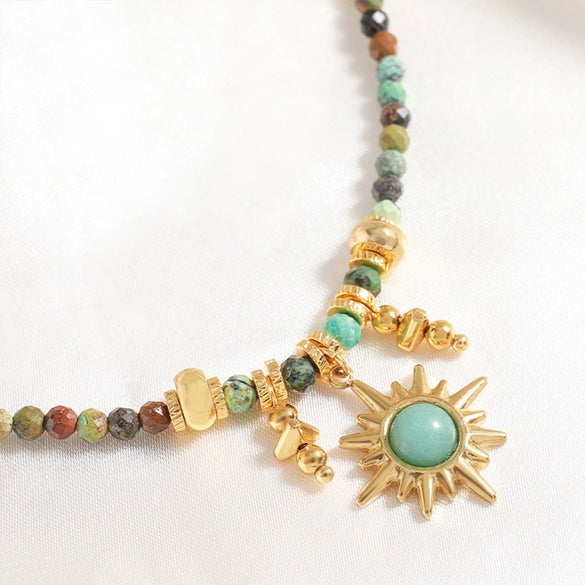 Handmade Natural Stone Beaded Necklace For Women Copper Turquoise Geometric Pendant Chain
