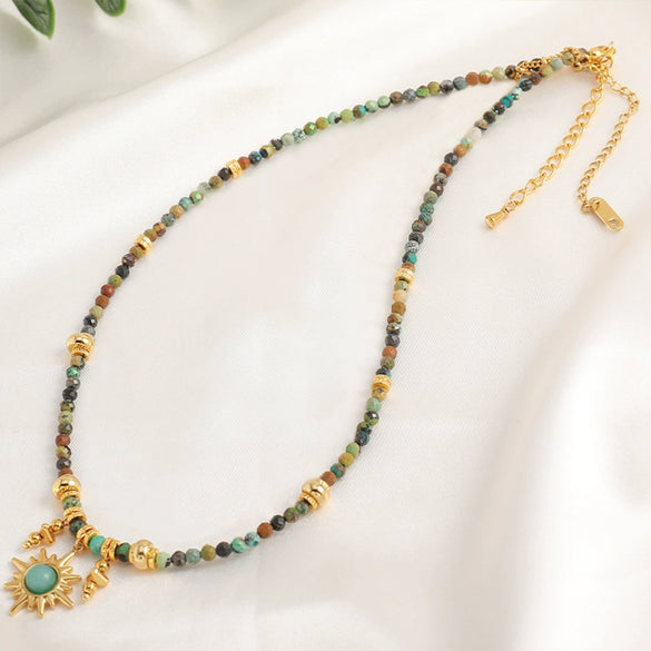 Handmade Natural Stone Beaded Necklace For Women Copper Turquoise Geometric Pendant Chain