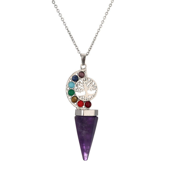 Handmade Natural Stone Cone Pendant Necklace With Tiger Eye And Amethyst On Stainless Steel O Chain Geometric Alloy Pendant For Women