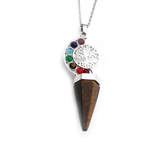 Handmade Natural Stone Cone Pendant Necklace With Tiger Eye And Amethyst On Stainless Steel O Chain Geometric Alloy Pendant For Women