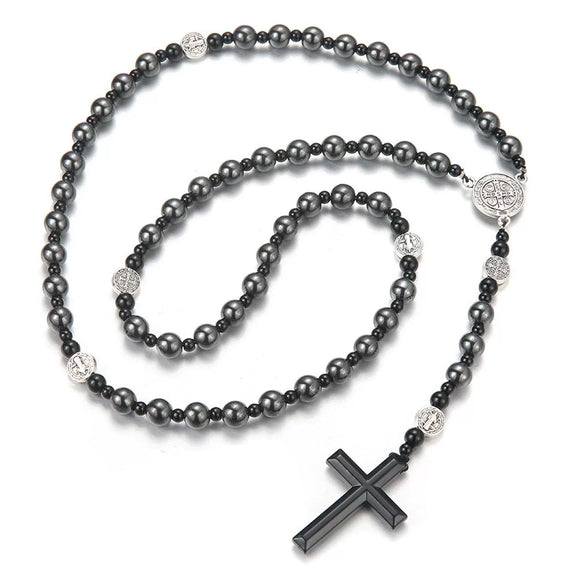 Handmade Natural Stone Obsidian Cross Pendant Rosary Necklace Casual Unisex Jewelry For Men And Women