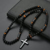 Handmade Natural Stone Obsidian Cross Pendant Rosary Necklace Casual Unisex Jewelry For Men And Women