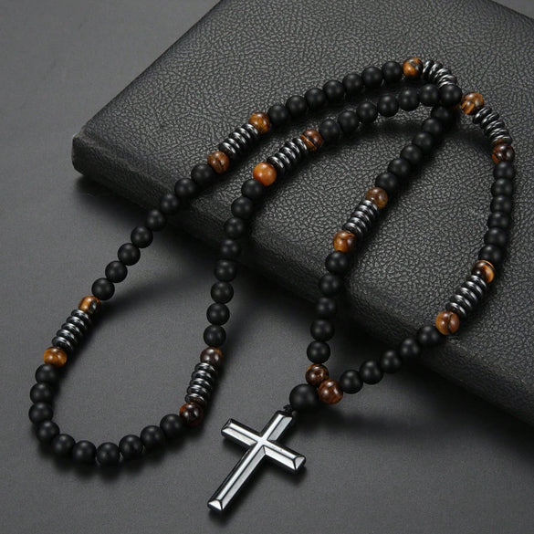 Handmade Natural Stone Obsidian Cross Pendant Rosary Necklace Casual Unisex Jewelry For Men And Women