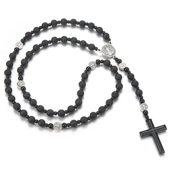 Handmade Natural Stone Obsidian Cross Pendant Rosary Necklace Casual Unisex Jewelry For Men And Women