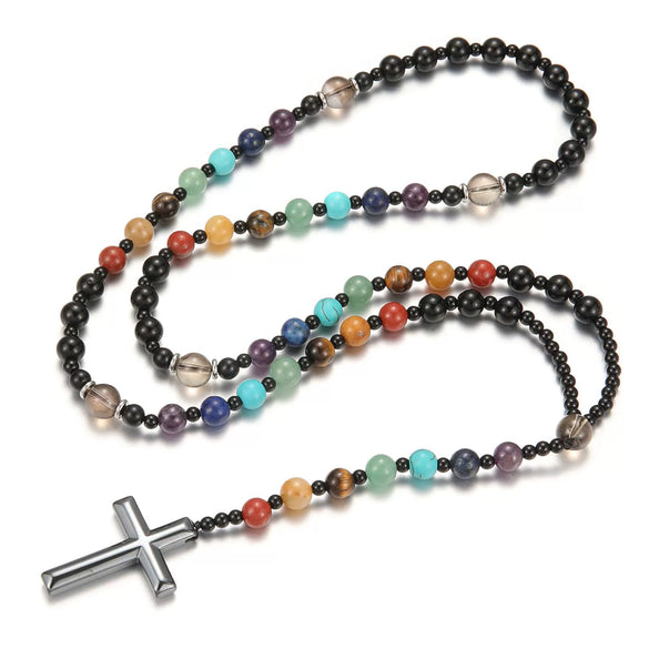 Handmade Natural Stone Obsidian Cross Pendant Rosary Necklace Casual Unisex Jewelry For Men And Women