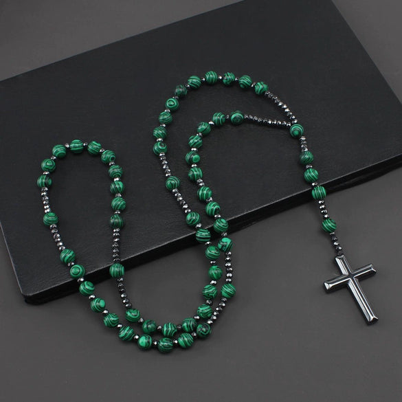Handmade Natural Stone Obsidian Cross Pendant Rosary Necklace Casual Unisex Jewelry For Men And Women