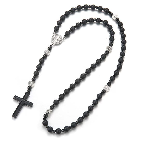 Handmade Natural Stone Obsidian Cross Pendant Rosary Necklace Casual Unisex Jewelry For Men And Women