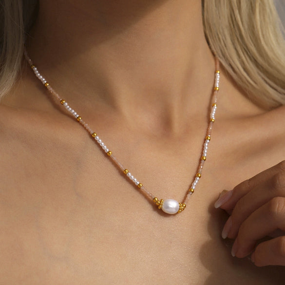 Handmade Natural Stone Rice Beads Necklace With French Niche Beads And Geometric Pattern Titanium Steel Chain Electroplating For Women