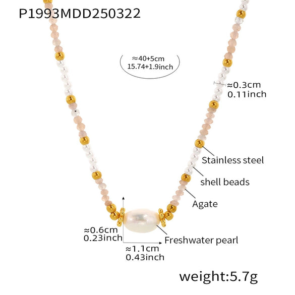 Handmade Natural Stone Rice Beads Necklace With French Niche Beads And Geometric Pattern Titanium Steel Chain Electroplating For Women