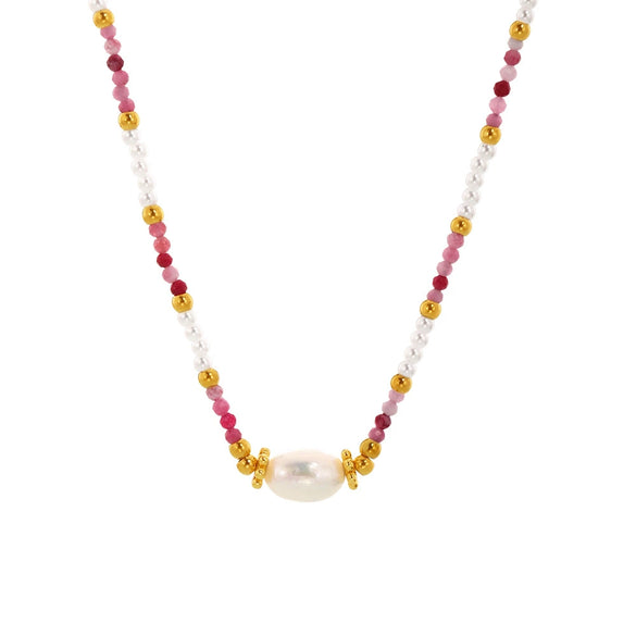 Handmade Natural Stone Rice Beads Necklace With French Niche Beads And Geometric Pattern Titanium Steel Chain Electroplating For Women