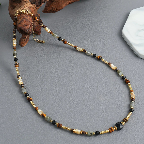 Handmade Natural Stone Shell Copper Geometric Beaded Necklace For Women