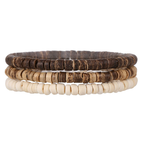 Handmade Natural Stone Wood Chip Coconut Shell Elastic Beaded Bracelet Geometric Style Unisex