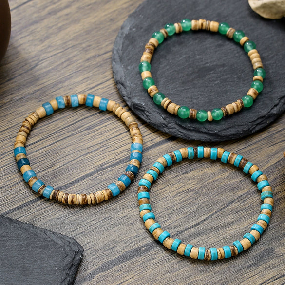 Handmade Natural Stone Wood Chip Coconut Shell Elastic Beaded Bracelet Geometric Style Unisex