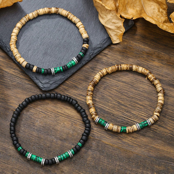 Handmade Natural Stone Wood Chip Coconut Shell Elastic Beaded Bracelet Geometric Style Unisex