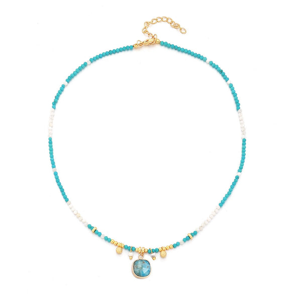 Handmade Natural Turquoise Beaded Clavicle Chain Necklace With Geometric Pattern Copper Gold Plated