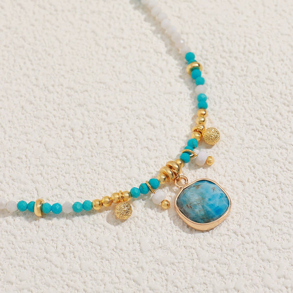 Handmade Natural Turquoise Beaded Clavicle Chain Necklace With Geometric Pattern Copper Gold Plated