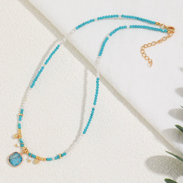 Handmade Natural Turquoise Beaded Clavicle Chain Necklace With Geometric Pattern Copper Gold Plated
