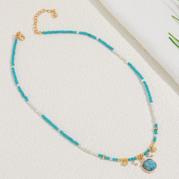 Handmade Natural Turquoise Beaded Clavicle Chain Necklace With Geometric Pattern Copper Gold Plated