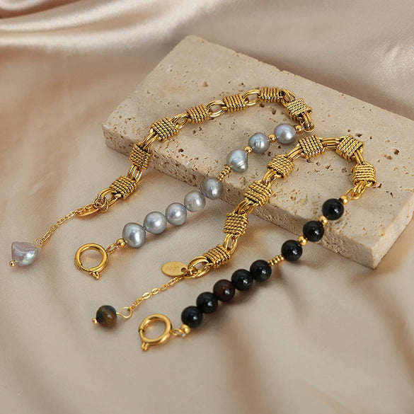 Handmade Niche Brass Freshwater Pearl Natural Stone Black Agate Geometric Bracelet For Unisex