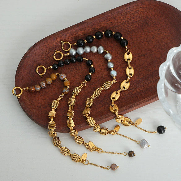 Handmade Niche Brass Freshwater Pearl Natural Stone Black Agate Geometric Bracelet For Unisex