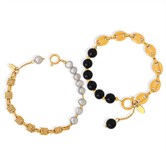 Handmade Niche Brass Freshwater Pearl Natural Stone Black Agate Geometric Bracelet For Unisex