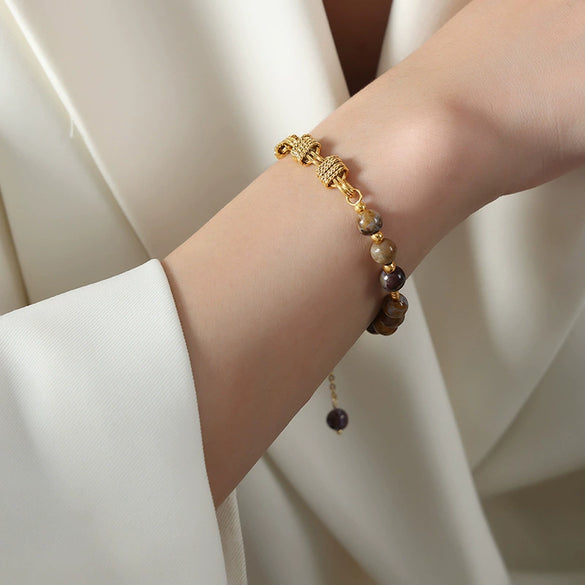 Handmade Niche Brass Freshwater Pearl Natural Stone Black Agate Geometric Bracelet For Unisex