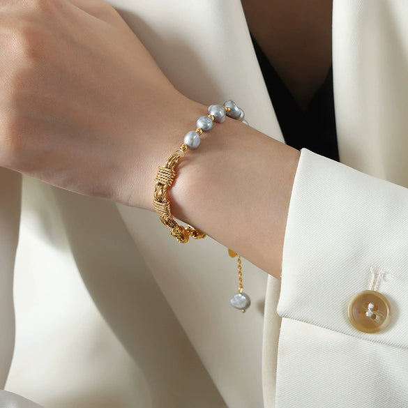 Handmade Niche Brass Freshwater Pearl Natural Stone Black Agate Geometric Bracelet For Unisex