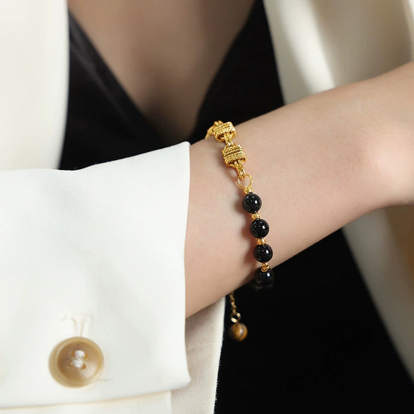 Handmade Niche Brass Freshwater Pearl Natural Stone Black Agate Geometric Bracelet For Unisex