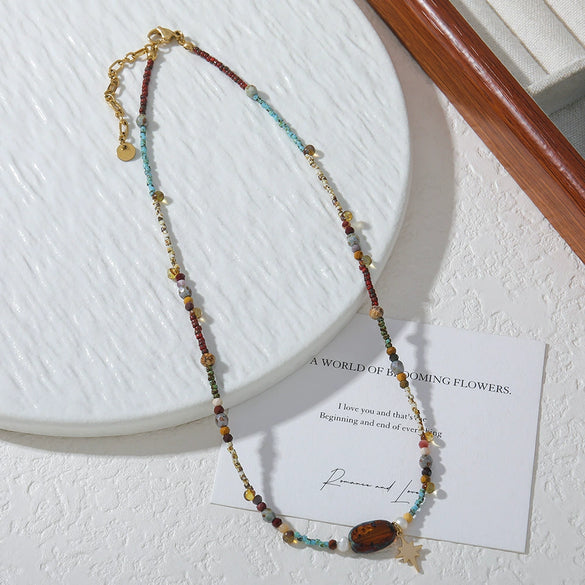 Handmade Niche Geometric Spotted Stone Shell Egg Yolk Stainless Steel Copper Clavicle Chain Necklace