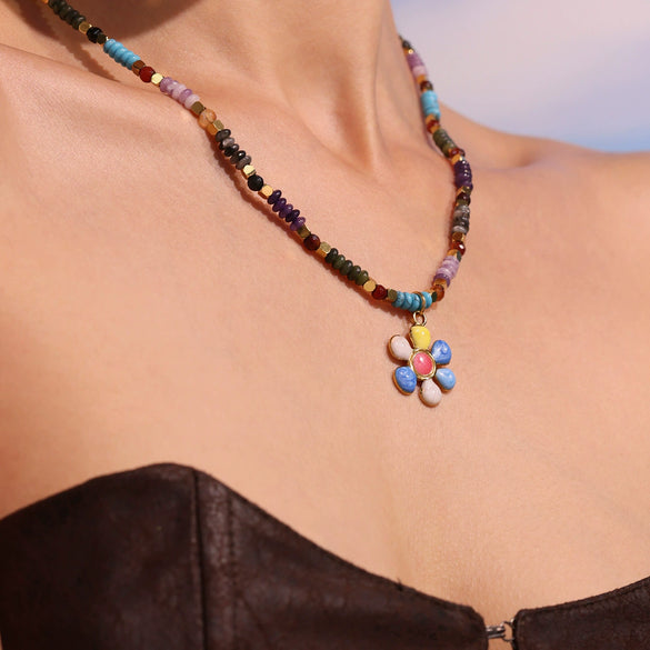 Handmade Oil Drop Flower Agate Abacus Beaded Clavicle Necklace For Girls Stainless Steel With Electroplating Geometric Shape
